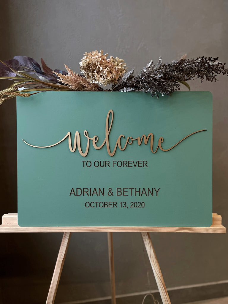Green & Gold Wedding Welcome Sign, Celebrate With Us