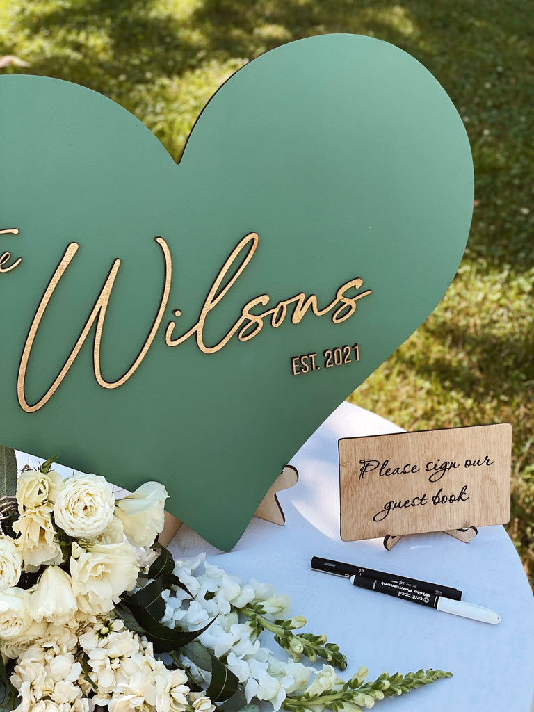 Green and Gold Wooden Heart Wedding Welcome Sign