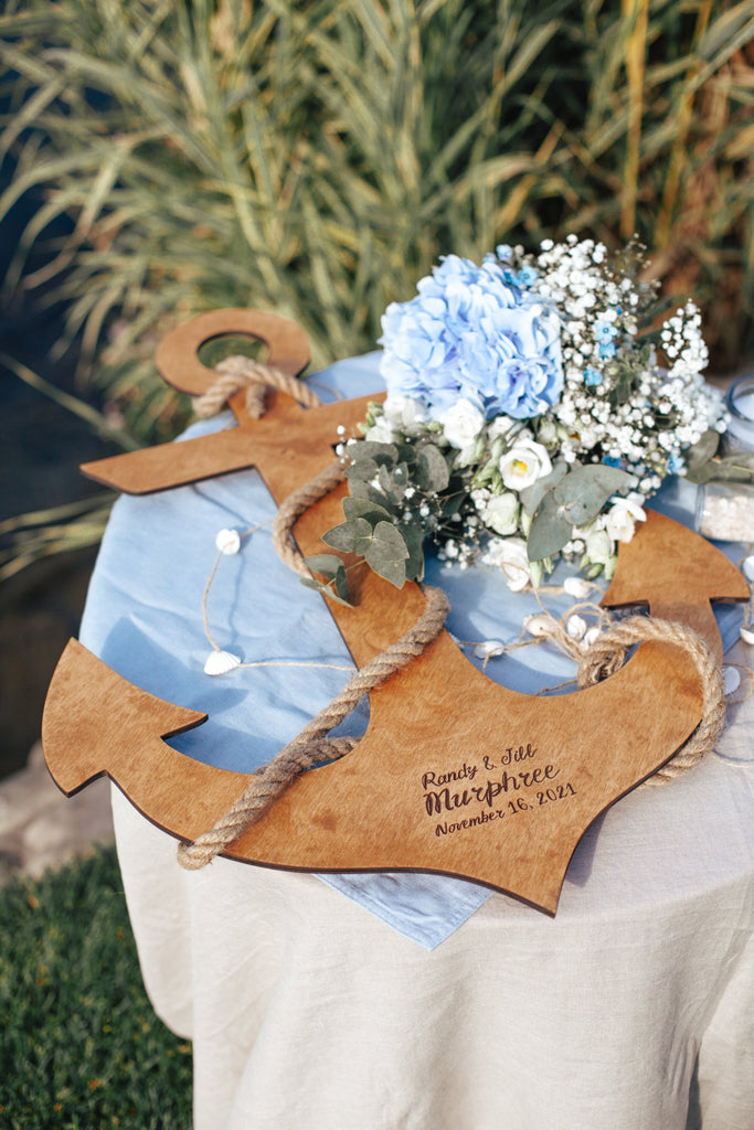 Blue Anchor Personalized Wooden Wedding Guest Book